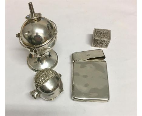 Novelty Silver pomegranite spice box, Silver swivel table lighter (London Silver hallmark), Silver Card case, Silver box