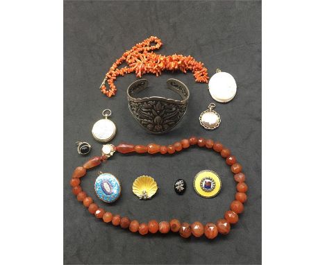 Collection of Vintage Antique  Jewellery includes agate gold mounted necklace small gold swivel fob 2 lockets  silver bangle 