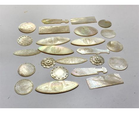 Box of Antique Mother of Pearl Chinese Gaming Tokens 24 in total 