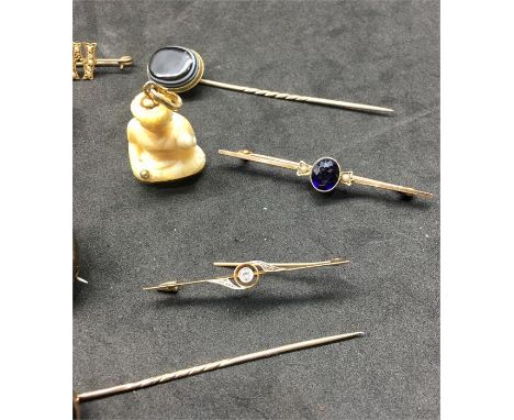 Collection of Antique Jewellery includes Diamond Bar Brooch Amethyst Gold Brooch Gold Banded Agate stick pins etc 