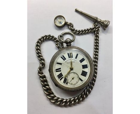 Large Antique Silver Pocket watch G.Aaronson Manchester with Chunky Silver Albert Chain Jewelled Key Fob & Compass watch not 