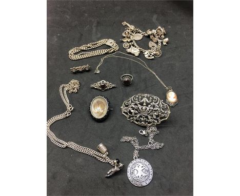 Selection of Antique & Vintage Silver Jewellery includes charm bracelet neillo Mourning Locket brooches &Chains etc