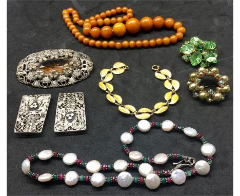 Collection of vintage /Antique Jewellery ,includes silver & Enamel Bracelet Brooches bracelets brooches, Amber Type Necklace 