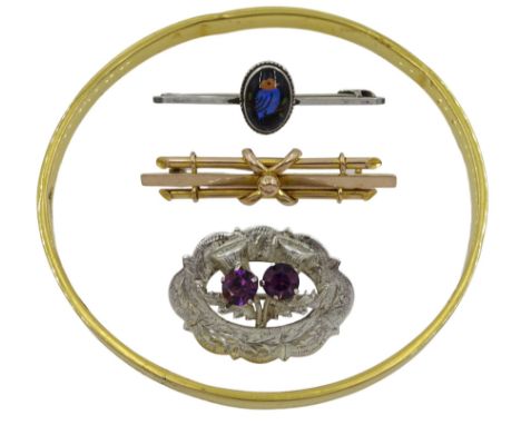 Early 20th century gold bangle, stamped 9ct, maker's mark P.F.J (probably Percy Frederick Jackson), gold bar brooch, stamped 