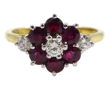 18ct gold round ruby and round brilliant cut diamond cluster ring, London 1975Condition Report:Approx 4gm, size P, stones app