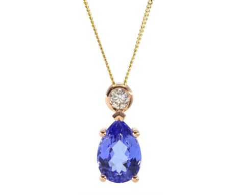 18ct gold pear shaped tanzanite and round brilliant cut diamond pendant, on 18ct yellow gold necklace, tanzanite carat 2.50 c
