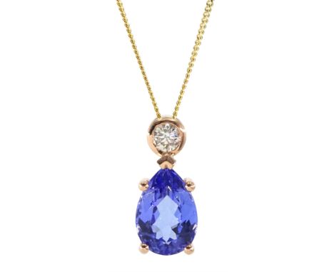 18ct gold pear shaped tanzanite and round brilliant cut diamond pendant, on 18ct yellow gold necklace, tanzanite carat 2.50 c