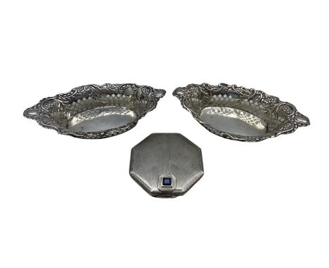 Pair of Edwardian silver sweetmeat dishes with pierced decoration L15cm London 1902 and an engine turned silver octagonal com