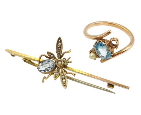 Early20th century gold blue topaz and seed pearl insect brooch, stamped 9ct and a rose gold pearl and blue stone crossover ri