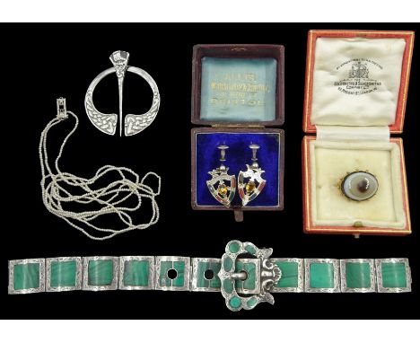 Victorian silver malachite bracelet with buckle clasp by George Unite, pair of silver hardstone Scottish shield design screw 