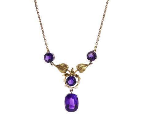 9ct gold four stone oval and round amethyst and pearl pendant, suspending from a trace link necklace, Birmingham 1962Conditio