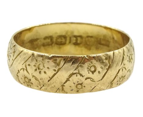 Victorian 18ct gold wedding band, bright cut floral decoration, Birmingham 1871Condition Report:Approx 5.4gm, hallmarks rubbe