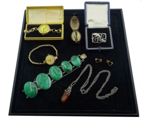 Danish silver leaf design brooch by Hugo Grun, two 9ct gold ladies manual wind wristwatches, hallmarked, both on gilt straps,
