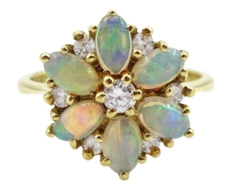 18ct gold round oval opal and round brilliant cut diamond cluster ring, London 1983Condition Report:Approx 3.7gm, size L-M, h