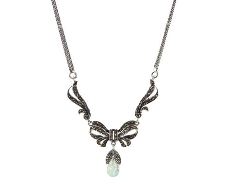 Silver marcasite and opal bow pendant necklace, stamped 925 Condition Report:Chain length = 42cm, pendant length = 3cm, sligh