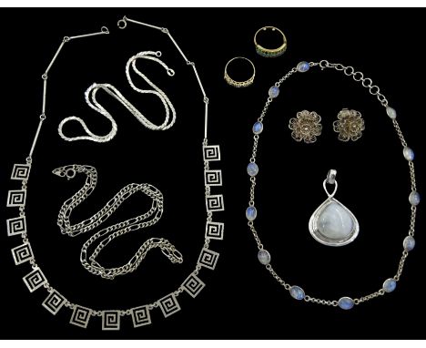 Two 9ct gold emerald and stone set rings, silver jewellery including a labradorite pendant and necklaces and other costume je