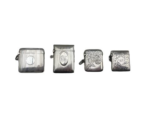 Edwardian engine turned silver vesta case Birmingham 1910, another 1911 and two engraved silver vesta cases (4)