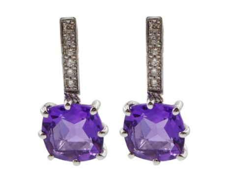 Pair of 18ct white gold square cut amethyst and diamond diamond pendant earrings, stamped 750Condition Report:Approx 3.4gm, l