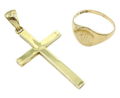 Gold cross pendant and a gold signet ring, both hallmarked 9ctCondition Report:Approx 10.1gm, ring size T-U (shank slightly m