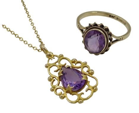 Gold pear shaped amethyst pendant necklace and a gold single stone oval amethyst ring, both 9ct, stamped or hallmarkedConditi
