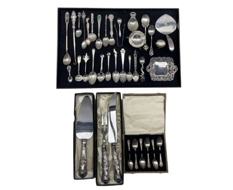 Set of six silver coffee spoons Birmingham 1956, silver caddy spoon, silver handled carvers and pastry slice, various English