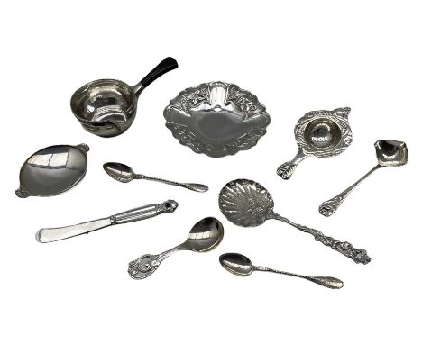 Danish silver brandy saucepan with ebonised handle D8cm, Georg Jensen sterling saucer dish and knife,  830 standard silver di
