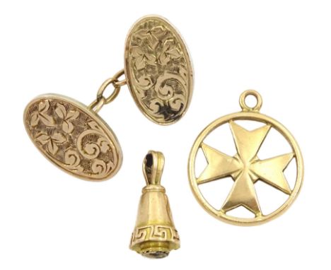 18ct gold cross charm, 14ct gold pendant and one 9ct gold cufflink, stamped or tested Condition Report:18ct approx 2.1gm, 14c