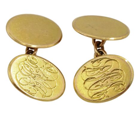 Pair of early 20th century 15ct gold cufflinks with engraved initials, by G H Johnstone &amp; Co, Birmingham 1921Condition Re