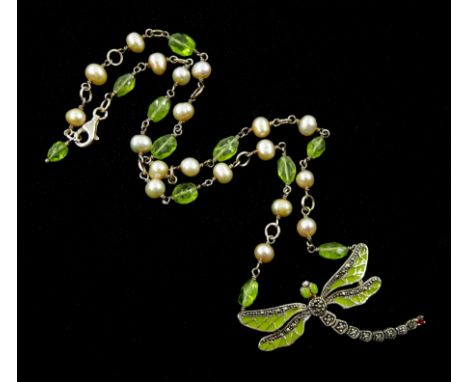 Silver peridot, enamel, pearl and marcasite dragonfly necklace, stamped 925Condition Report:Length = 45cm, pendant length = 4