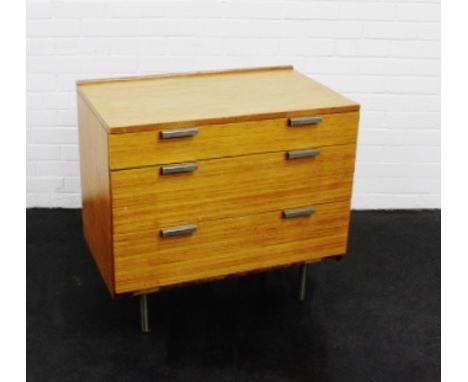 A Stag light oak chest with three long drawers and chrome supports, 74 x 77cm