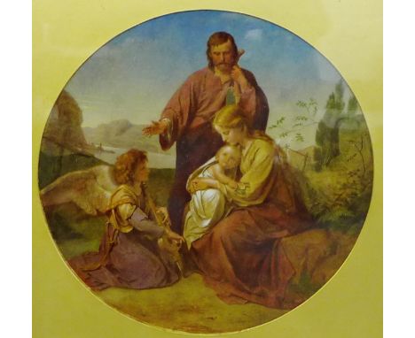 German School  Over painted coloured lithographic print in a circular mount and ornate gilt wood frame, 42 x 42cm 