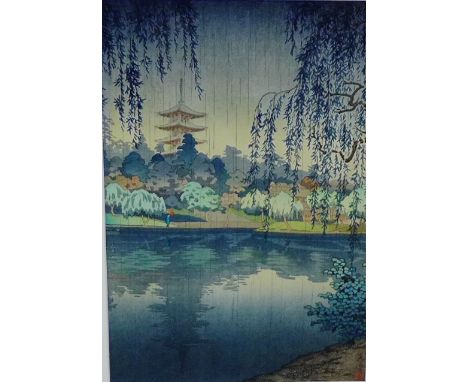 Tsuchiya Koitsu (1870-1949)  'Temple at Nava'  Woodblock print with a red seal mark, in a glazed frame, 25 x 38cm