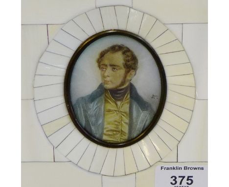 A portrait miniature of a 'Gent' in a faux ivory frame, 8cm