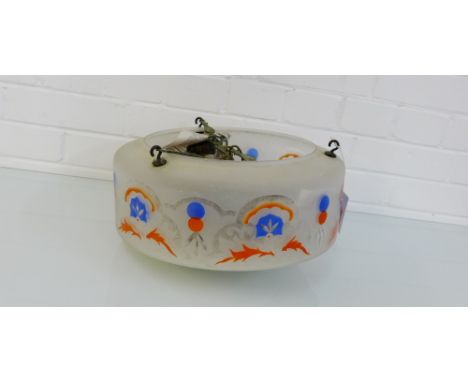 A mid 20th century frosted glass ceiling light with orange and blue pattern