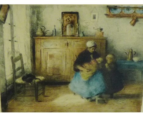 19th century coloured engraved print of 'Figures in an interior setting', in a glazed frame, signed indistinctly in pencil, 4