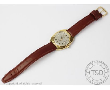 A gentleman's Omega Quartz wristwatch, the gilt case enclosing silvered, baton dial, subsidiary date dial and centre sweep se