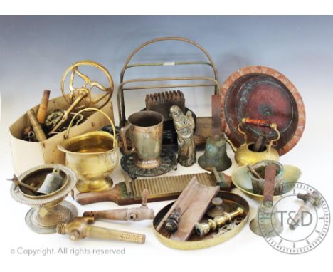 An assortment of brass and other metal wares, to include barrel taps, oil lamp galleries, letter punches, scales, a magazine 