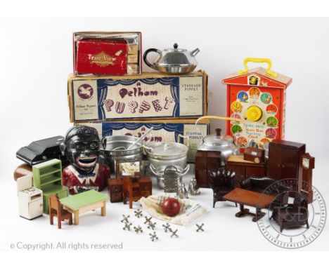 A collection of toys, to include, two Pelham Puppets, Cow Girl and Cow Boy, a selection of toy kitchen wares and dolls house 