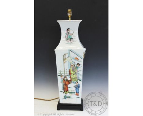 A large modern Chinese famille rose lamp, of square form, decorated with panels of figures alternating with panels of script,