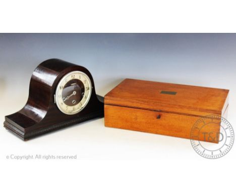 A Victorian golden oak writing slope, 12cm H x 41.5cm W x 214cm D, with a 1930's mantel clock (2)
