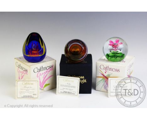 Three Caithness glass paperweights comprising: Trampoline, L9125 edition no. 584/650 issued 1991 and designed by Alastair Mac