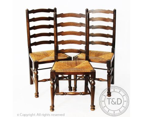 Four stained oak ladder back dining chairs, with a kitchen chair and two modern mirrors (7)