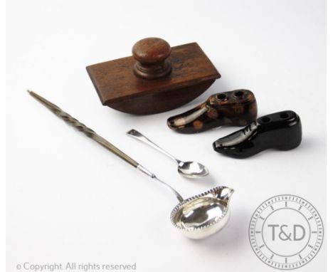 A toddy ladle, the bowl inset with a coin and attached twisted baleen handle, with a George III silver spoon, two inkwells in