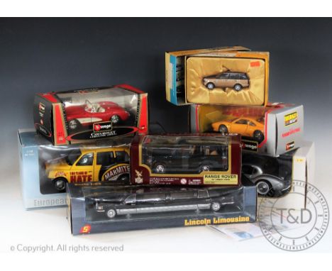 Seven boxed diecast vehicles by various makers, comprising 1:24 scale Special Edition Lincoln limousine, Sun Star European Co