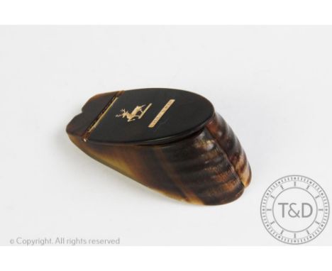 A 19th century Irish hoof snuff box, the hinged cover inset with a rose gold coloured crest and titled 'Killarney', 10cm long