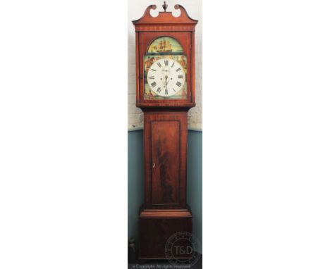 A Regency mahogany eight day longcase clock, painted Roman numeral dial with subsidiary seconds and date dial, the corners pa