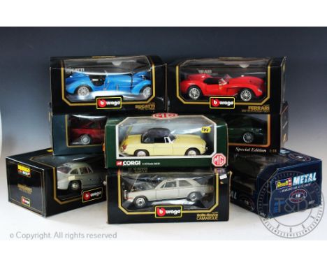 Eight boxed diecast models of cars to the scale of 1:18, comprising; Revell Mercedes 500 SL32 coupe, Maisto Aston Martin DB7 