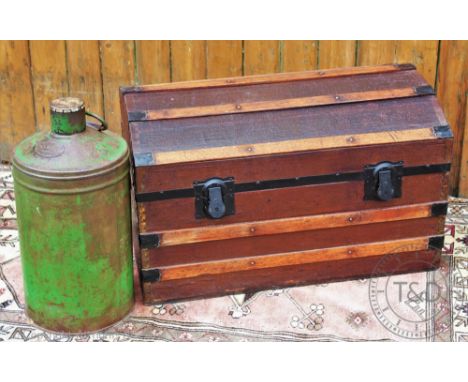 A selection of vintage items to include; a domed, metal mounted travel trunk monogrammed 'G.G', 81cm wide, a Castrol Limited 