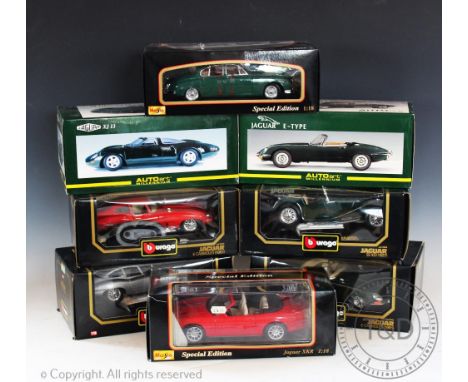 Eight boxed mainly 1:18 scale diecast vehicles, comprising; Maisto Jaguar Mark II, Auto Art Jaguar E-type, Jaguar XJ13 and Bu