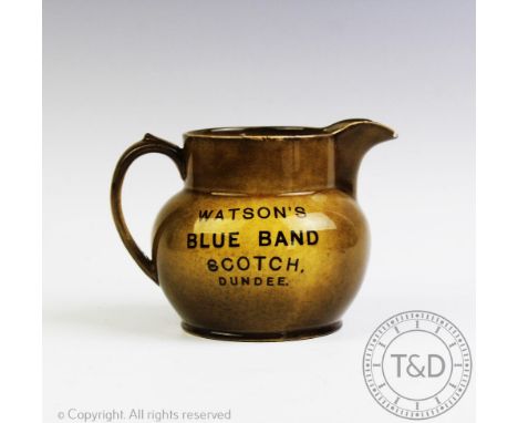 A James Watson &amp; Co Ltd advertising ale jug, titled 'Watson's Blue Band Scotch, Dundee', 12.5cm high (at fault) CONDITION